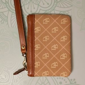 Dooney & Bourke wristlet in beige, brown and pink with leather detailing